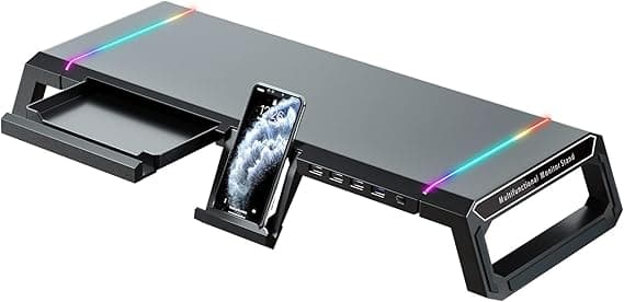 KYOLLY RGB Gaming Computer Monitor Stand Riser with Drawer,Storage and Phone Holder - 1 USB 3.0 and 3 USB 2.0 Hub, 3 Length Adjustable